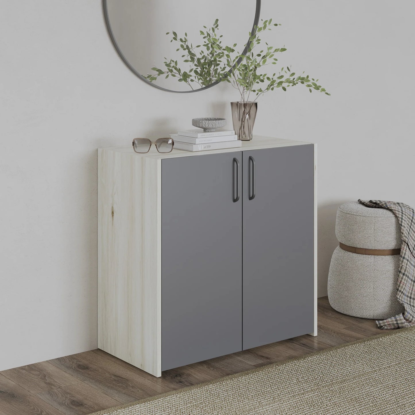 Comoda haaus Malmo, 2 Usi, Stejar Alb/Antracit, 81 x 42 x 80 cm