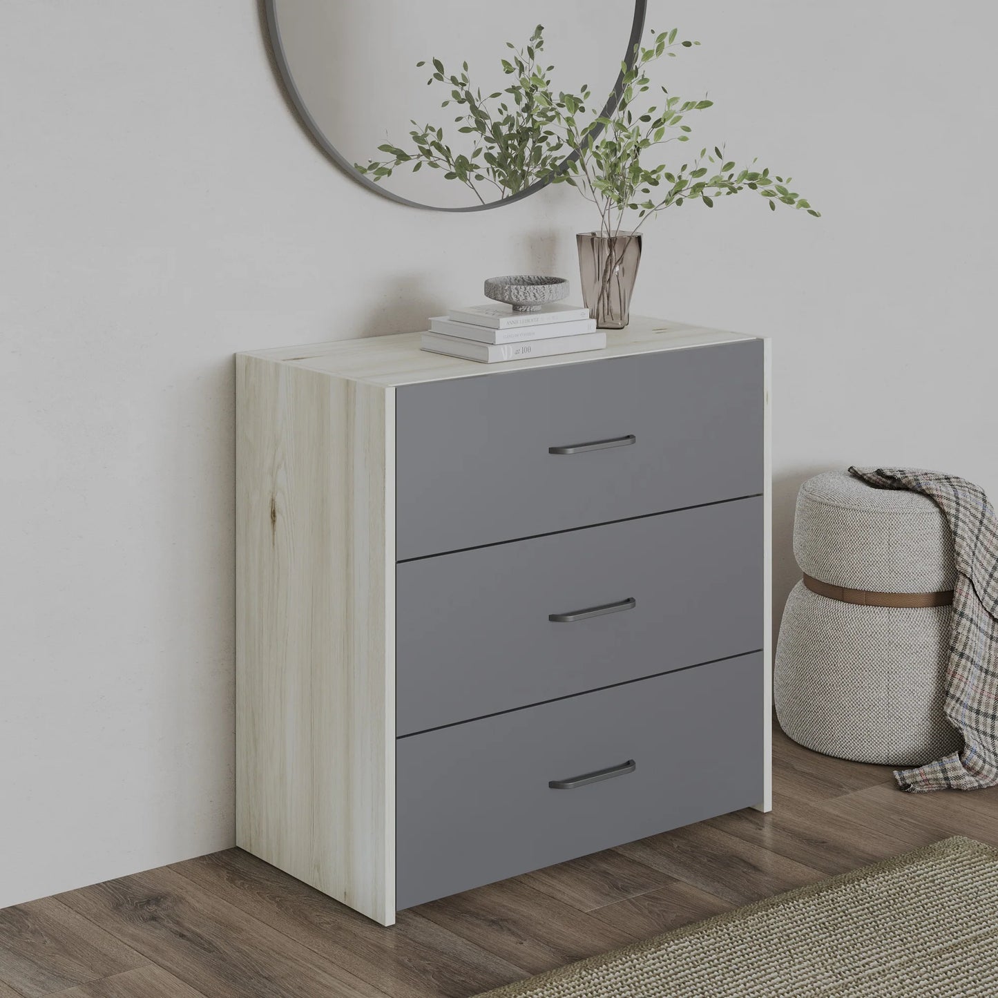 Comoda haaus Malmo, 3 Sertare, Stejar Alb/Antracit, 80 x 42 x 80 cm