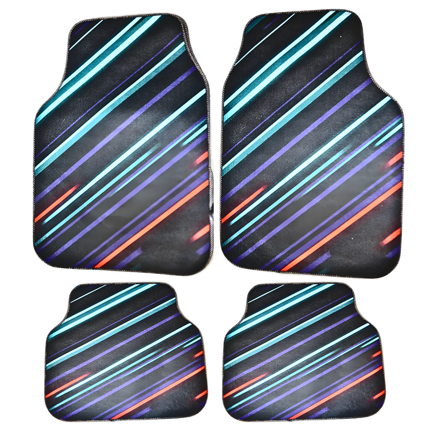 Covorașe auto universale DECOMAT – set 4 bucăți lavabile, antiderapante, cu design futurist „Neon Stripes”