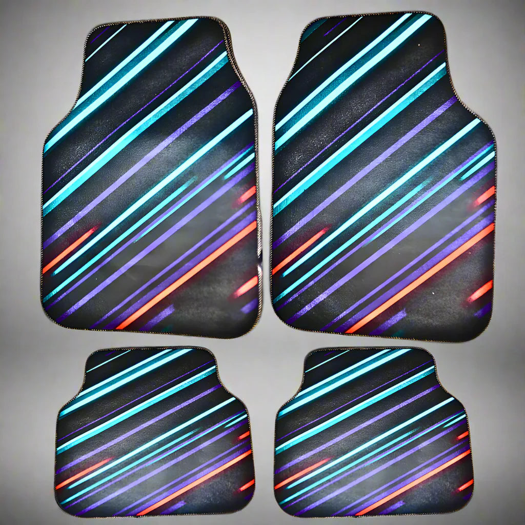 Covorașe auto universale DECOMAT – set 4 bucăți lavabile, antiderapante, cu design futurist „Neon Stripes”