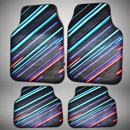 Covorașe auto universale DECOMAT – set 4 bucăți lavabile, antiderapante, cu design futurist „Neon Stripes”
