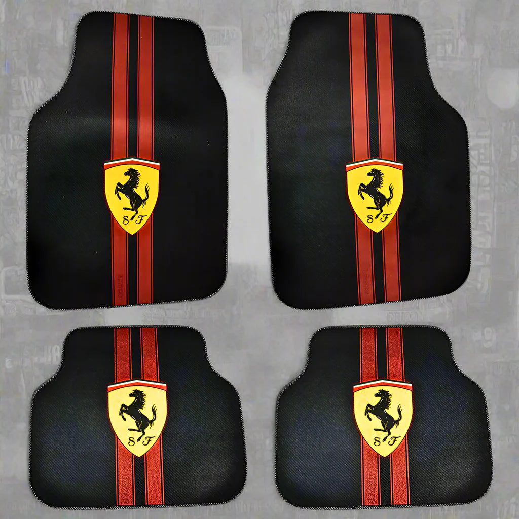 Covorașe auto universale DECOMAT – set 4 bucăți lavabile, antiderapante, cu imprimeu sport „Scuderia Style”