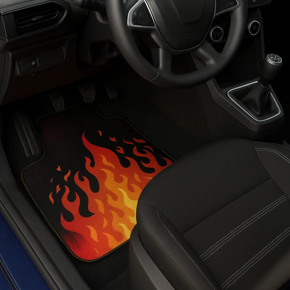 Covorașe auto universale DECOMAT 3D – set 4 bucăți cu imprimeu flăcări, lavabile, antiderapante