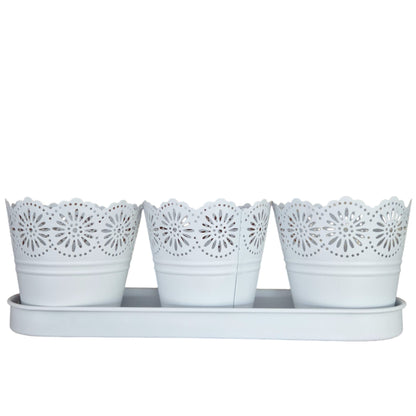 Set 3 ghivece cu tava, din metal, Naimeed D2603, Alb