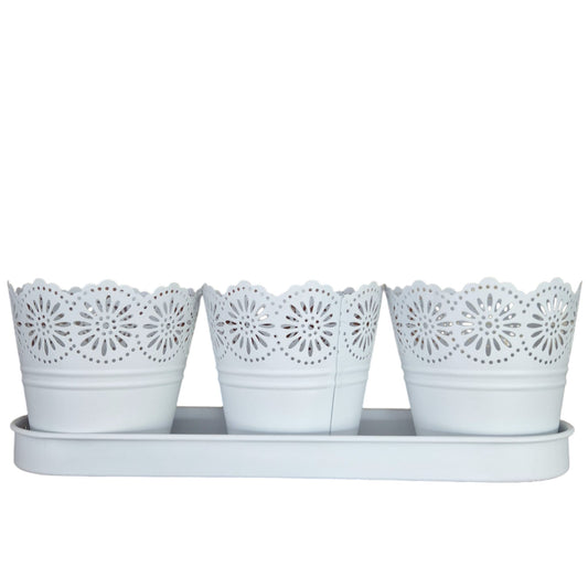Set 3 ghivece cu tava, din metal, Naimeed D2603, Alb