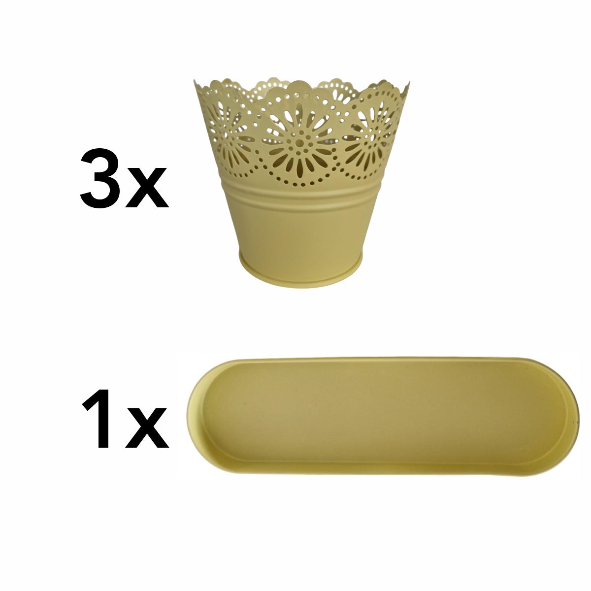 Set 3 ghivece cu tava, din metal, Naimeed D2603, Galben