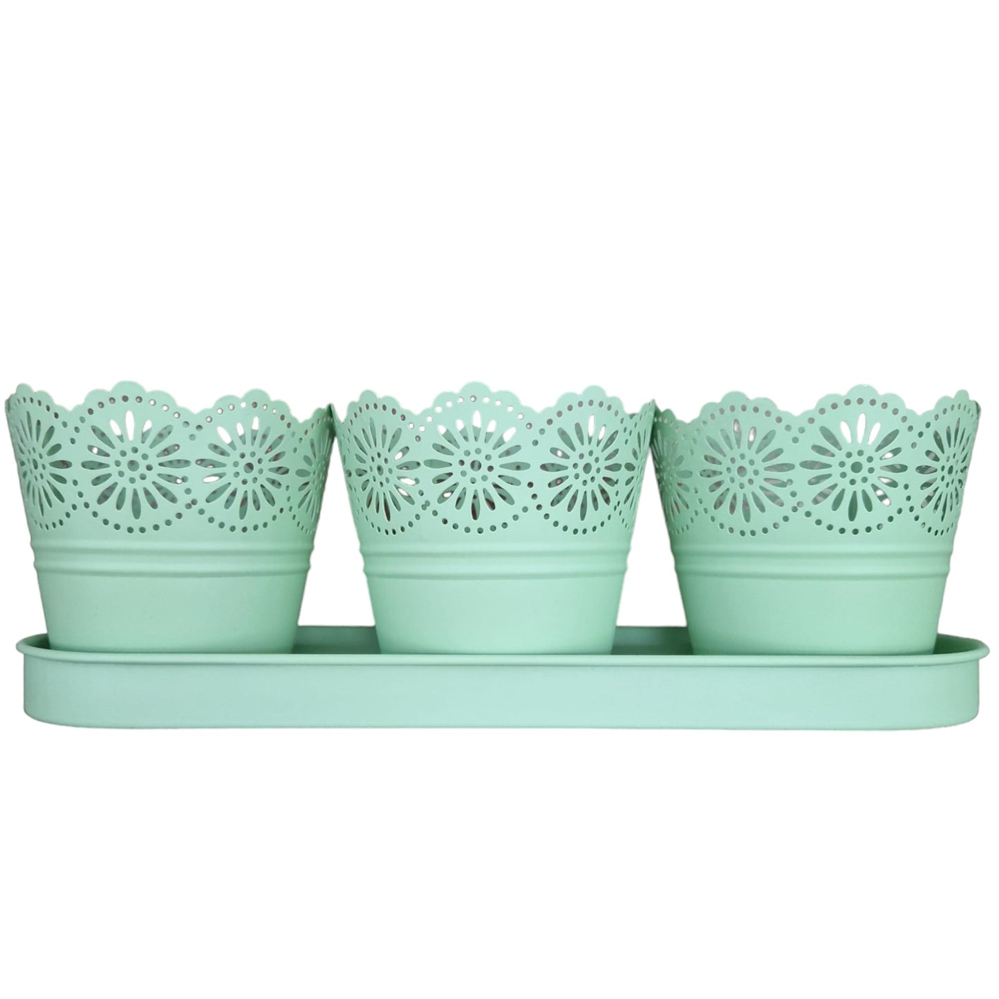 Set 3 ghivece cu tava, din metal, Naimeed D2603, Verde