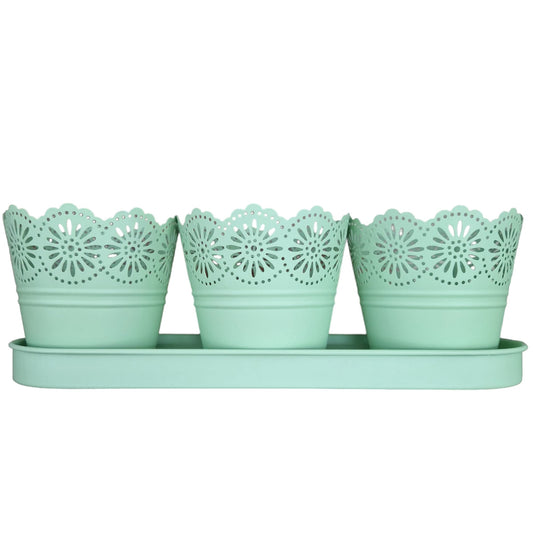 Set 3 ghivece cu tava, din metal, Naimeed D2603, Verde