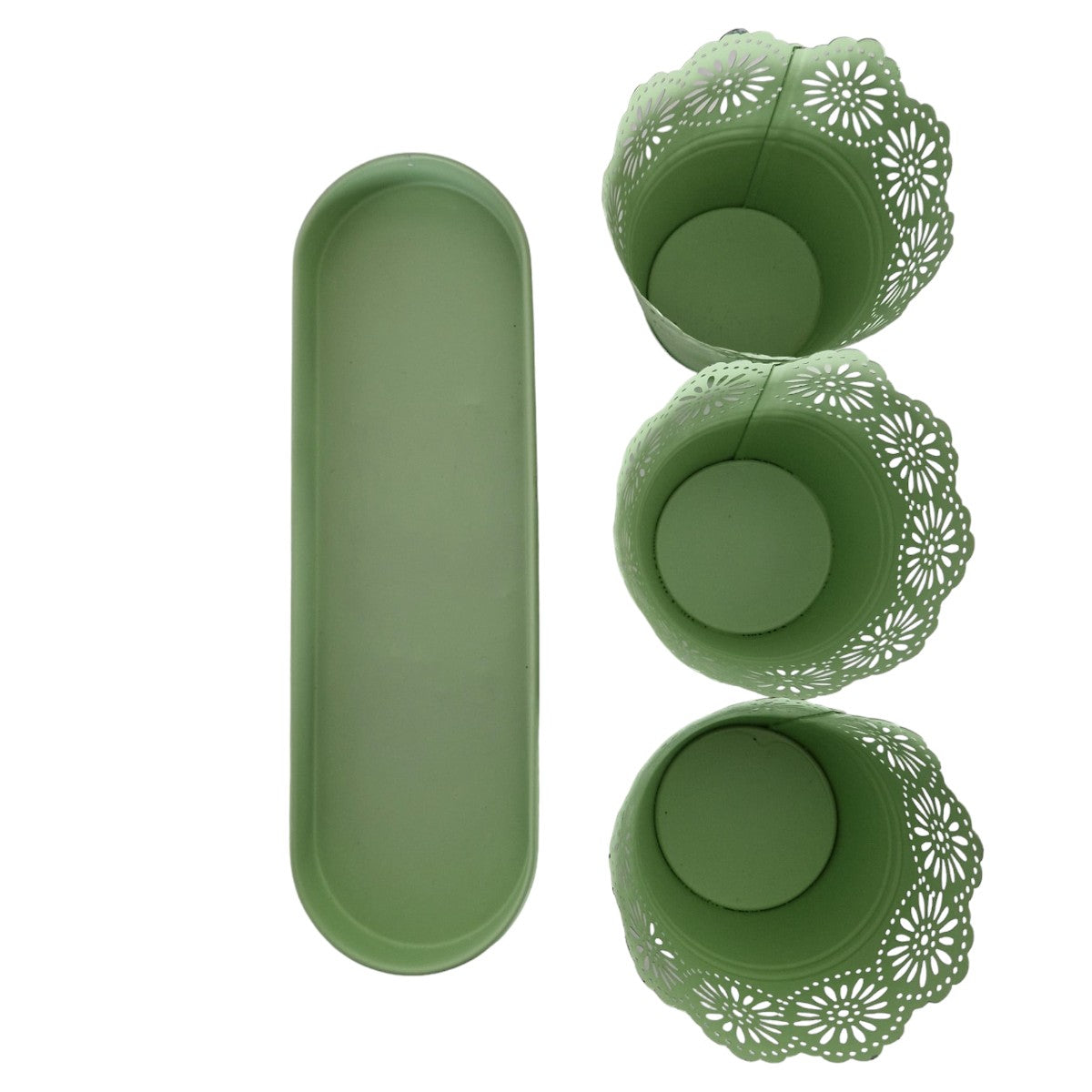 Set 3 ghivece cu tava, din metal, Naimeed D2603, Verde