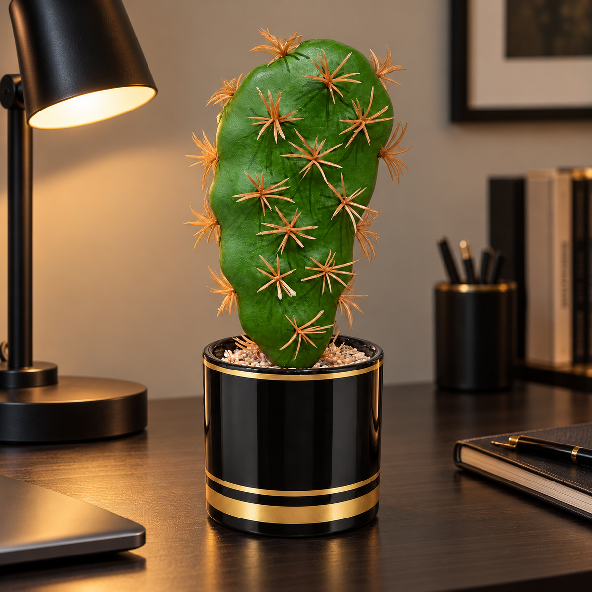 Cactus artificial cu 1 braț și ghiveci decorativ, Naimeed D2835-1cap, 23x8 cm, Verde/Negru