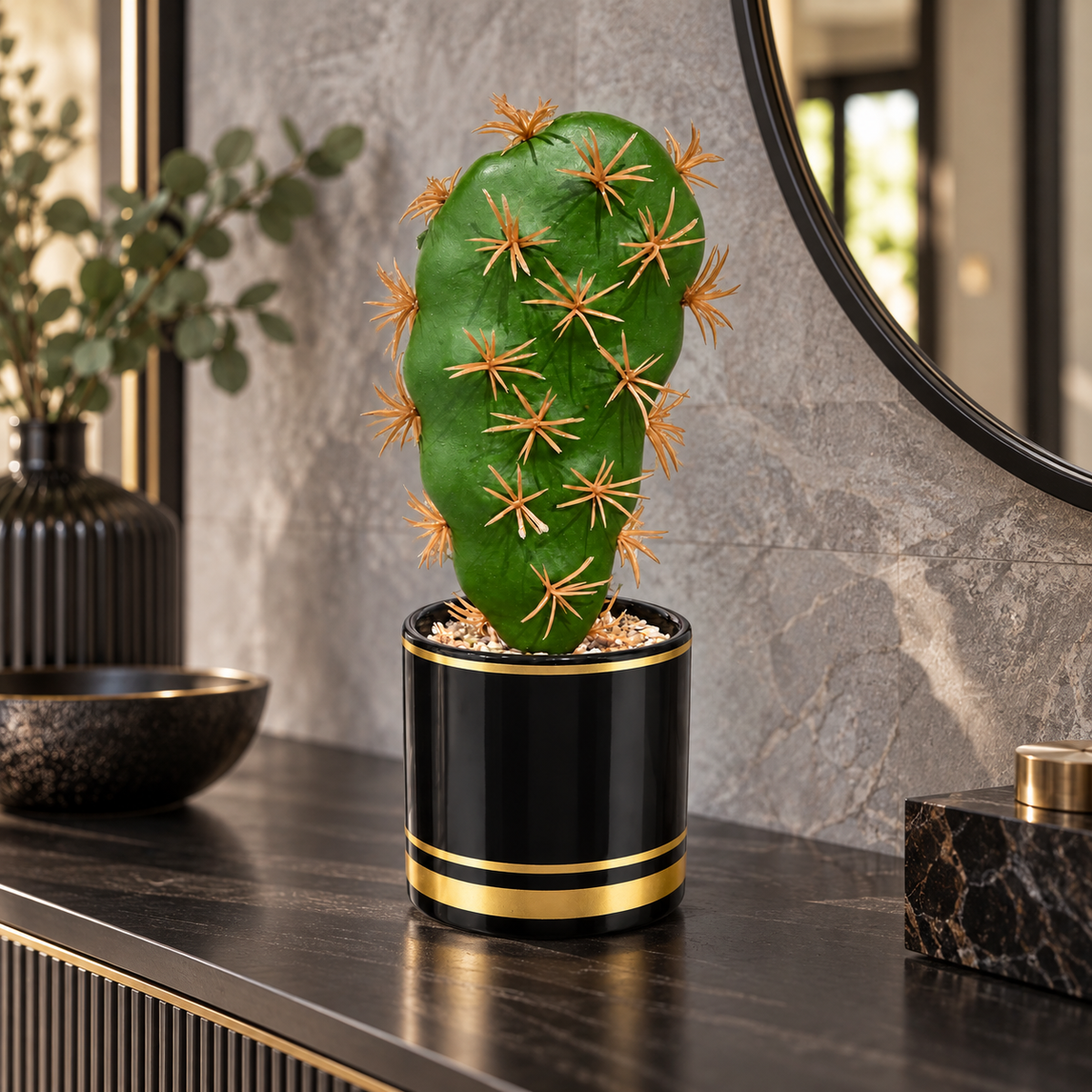 Cactus artificial cu 1 braț și ghiveci decorativ, Naimeed D2835-1cap, 23x8 cm, Verde/Negru