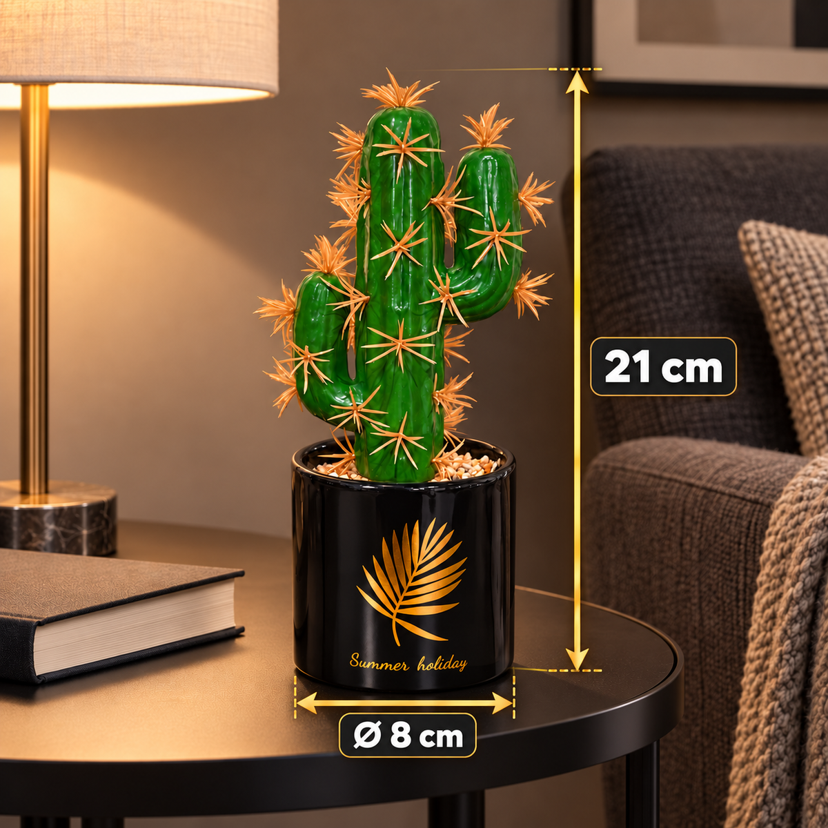 Cactus artificial cu 3 brațe și ghiveci decorativ, Naimeed D2835 - 3 cap, 21x8 cm, Verde/Negru