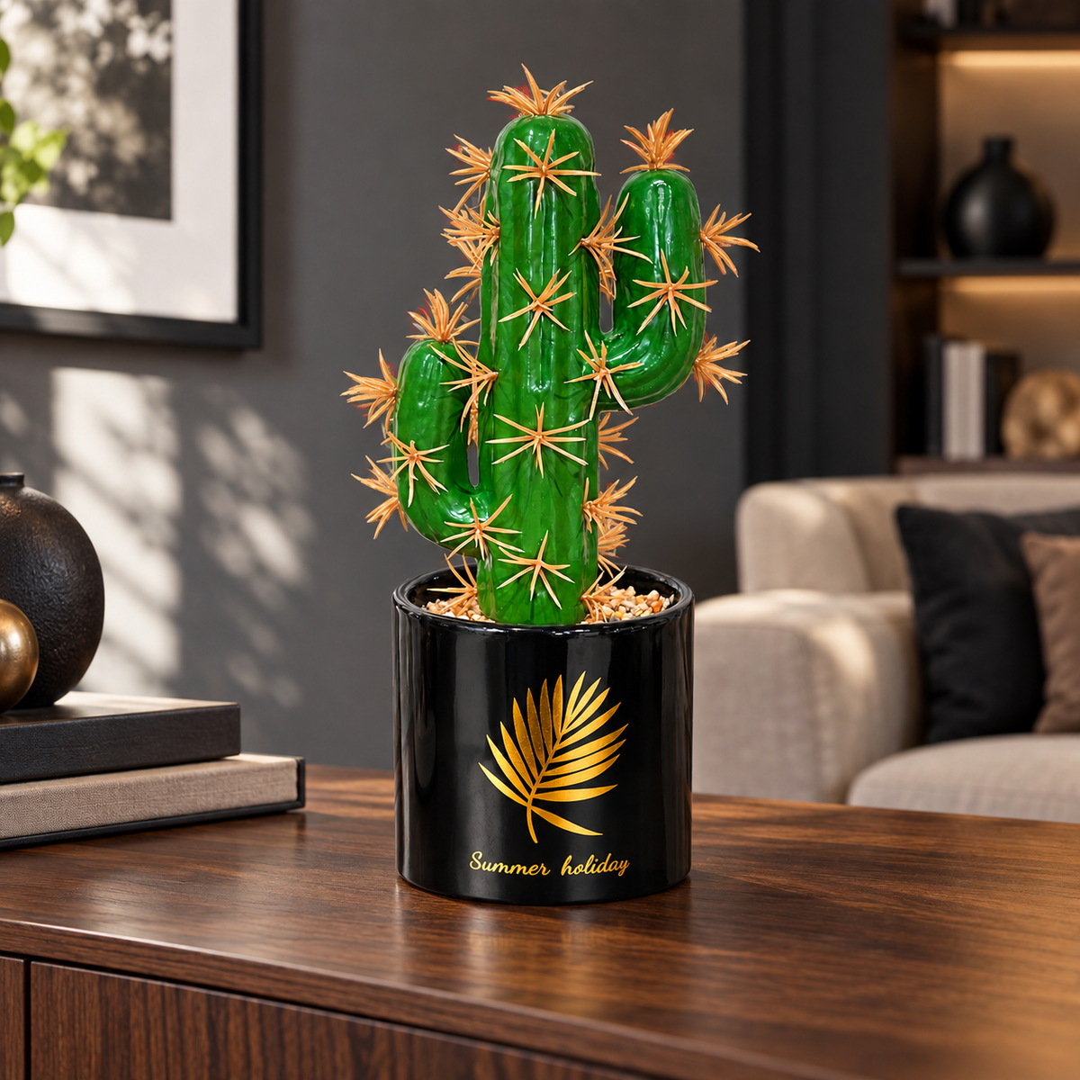 Cactus artificial cu 3 brațe și ghiveci decorativ, Naimeed D2835 - 3 cap, 21x8 cm, Verde/Negru