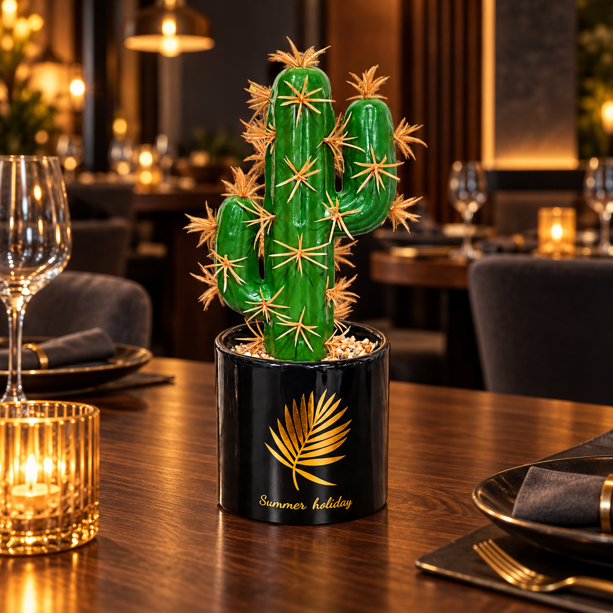 Cactus artificial cu 3 brațe și ghiveci decorativ, Naimeed D2835 - 3 cap, 21x8 cm, Verde/Negru