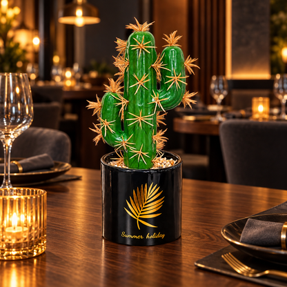 Cactus artificial cu 3 brațe și ghiveci decorativ, Naimeed D2835 - 3 cap, 21x8 cm, Verde/Negru
