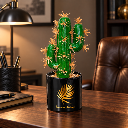 Cactus artificial cu 3 brațe și ghiveci decorativ, Naimeed D2835 - 3 cap, 21x8 cm, Verde/Negru