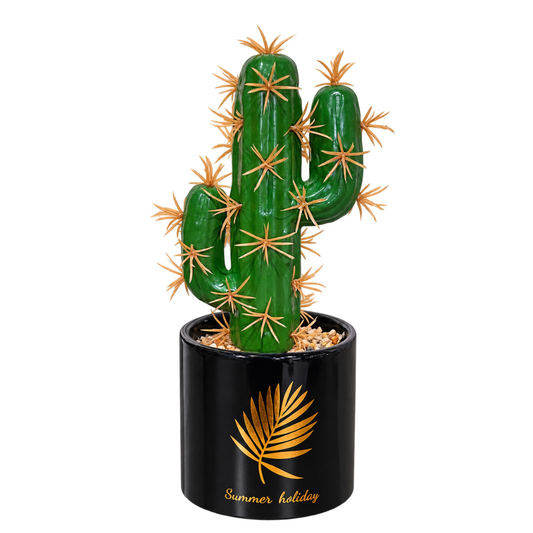 Cactus artificial cu 3 brațe și ghiveci decorativ, Naimeed D2835-3 cap, 21x8 cm, Verde/Negru