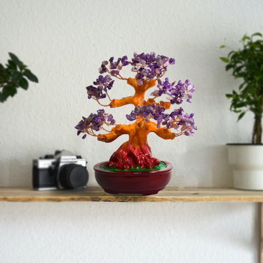 Copacel Feng Shui cu Pietre Semipretioase de Ametist, Suport Ceramic, Naimeed D3013P, Inaltime 22cm