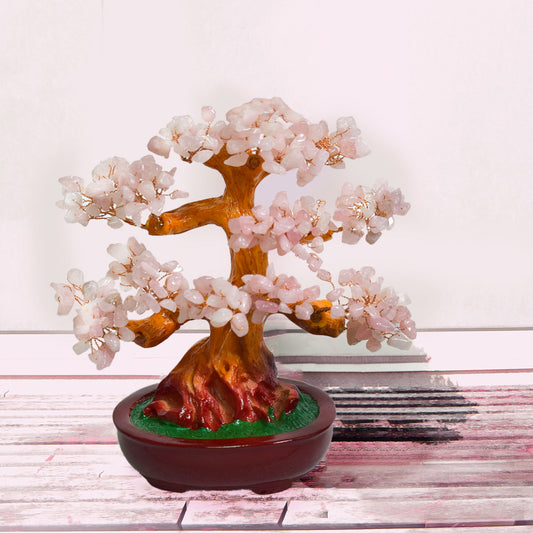 Copac Feng Shui cu Pietre Semipretioase de Cuart Roz, Suport Ceramic, Naimeed D3013W, Inaltime 22cm