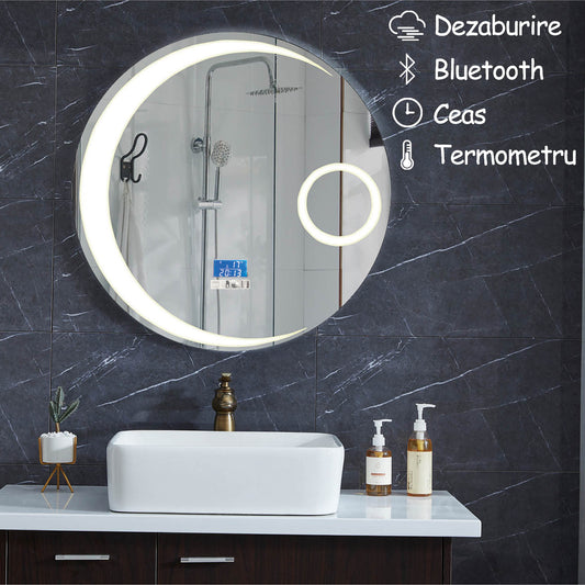 Oglinda de baie cu iluminare Led, Diametru 58.5cm, D3301/Functii dezaburire, Bluetooth, Ceas, Termometru