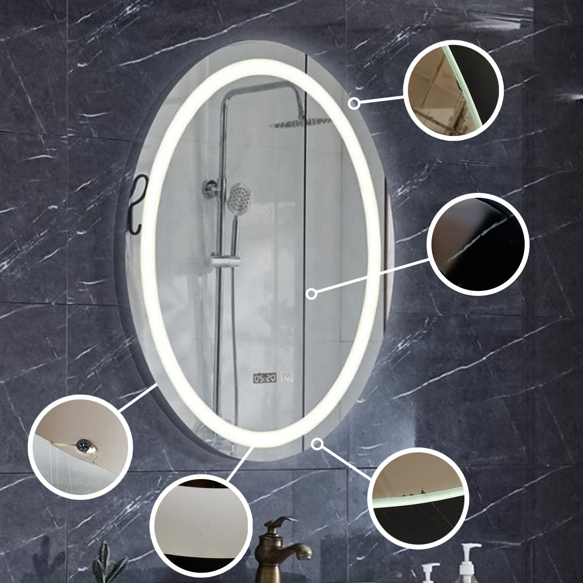 Resigilat: Oglinda de baie, D3312-1, cu iluminare Led, Dimensiuni 49x69 cm, Termometru, Ceas