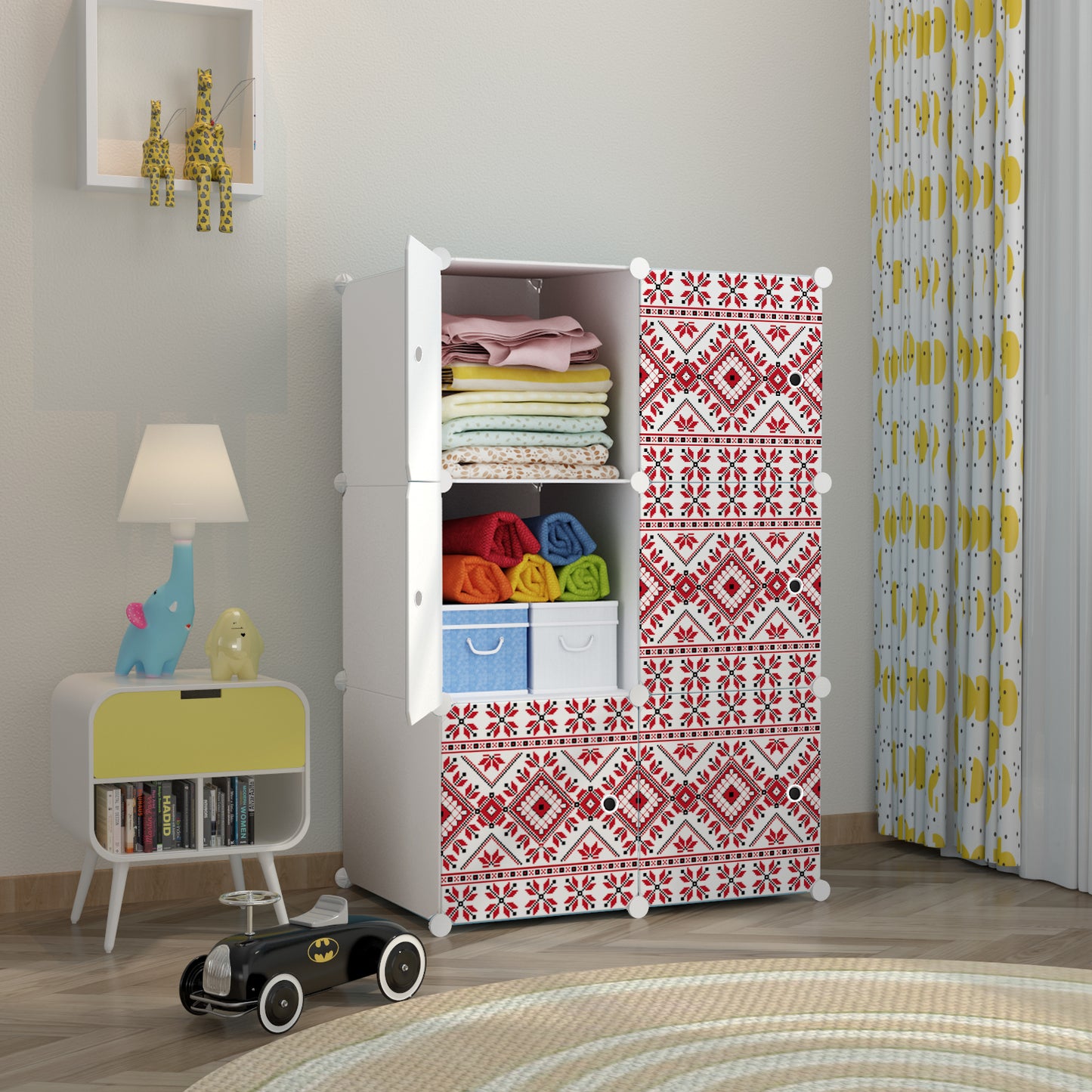 Dulap modular din plastic cu schelet metalic, imprimeu traditional, Naimeed D3421W, culoare Alb, 111x75x37 cm