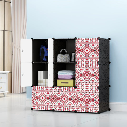Dulap modular din plastic cu schelet metalic, imprimeu traditional, Naimeed D3424N, culoare Negru, 111x111x37 cm