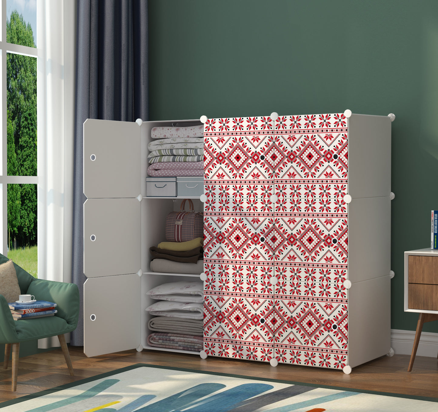 Dulap modular din plastic cu schelet metalic, imprimeu traditional, Naimeed D3424W, culoare Alb, 111x111x37 cm