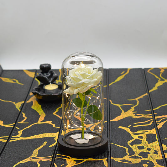 Aranjament floral in cupola de sticla, lumina Led, D4007, Alb