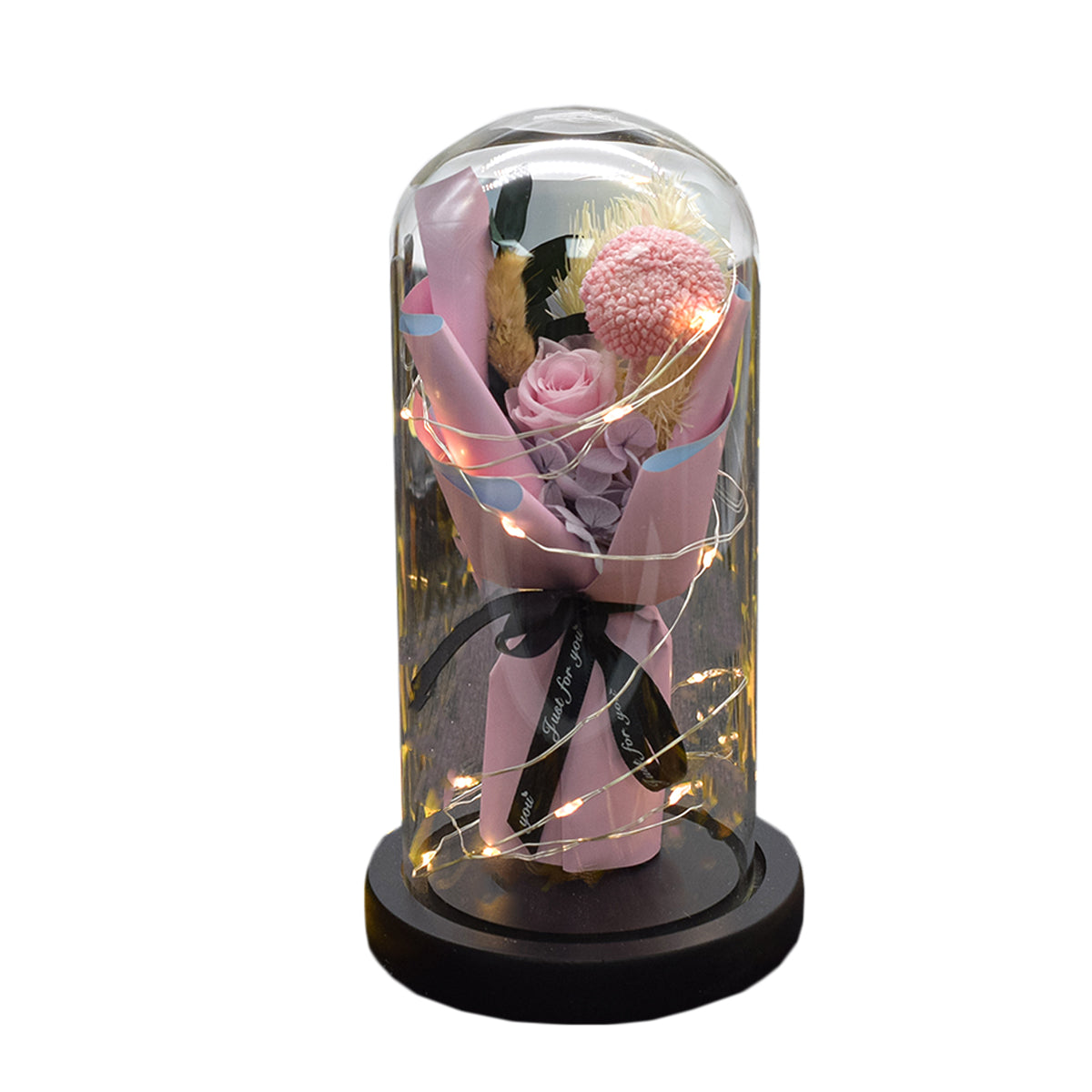 Aranjament floral in cupola de sticla, lumina Led, D4009, Roz