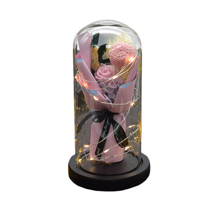 Aranjament floral in cupola de sticla, lumina Led, D4009, Roz