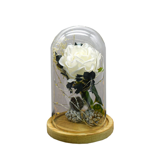 Aranjament floral in cupola de sticla, lumina Led, D4010, Alb
