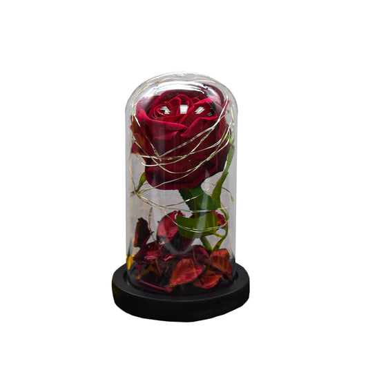 Aranjament floral in cupola de sticla, lumina Led, D4013, Rosu