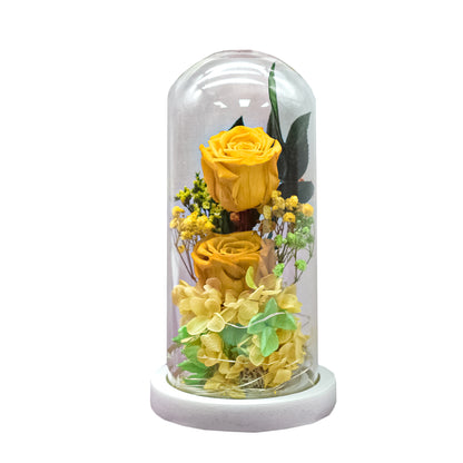 Aranjament floral in cupola de sticla, lumina Led, D4014 , Galben