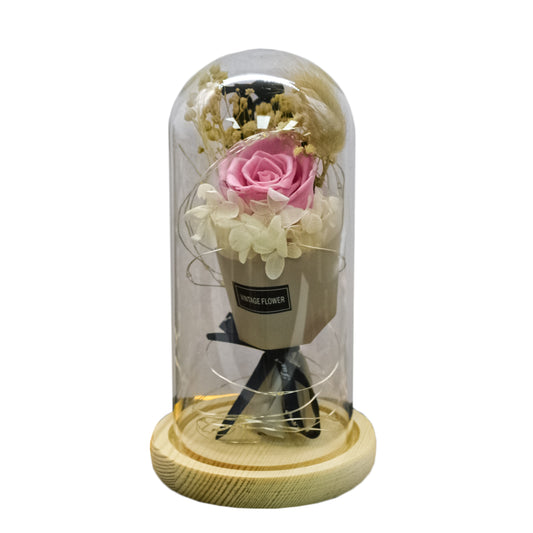 Aranjament floral in cupola de sticla, lumina Led, D4015, Roz