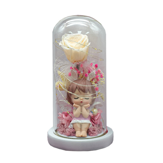 Aranjament floral in cupola de sticla, lumina Led, D4020, Roz