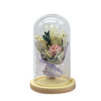 Aranjament floral in cupola de sticla, lumina Led, D4026, Roz