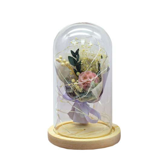 Aranjament floral in cupola de sticla, lumina Led, D4026, Roz