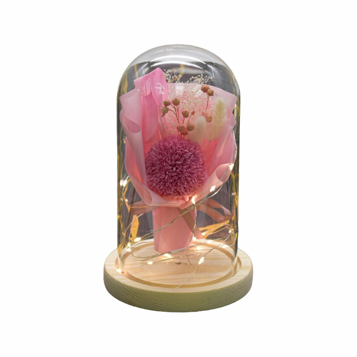 Aranjament floral in cupola de sticla, lumina Led, D4038, Roz