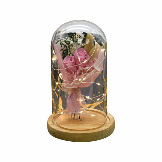 Aranjament floral in cupola de sticla, lumina Led, D4040, Roz