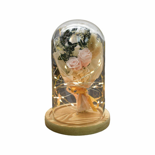 Aranjament floral in cupola de sticla, lumina Led, D4040, Roz pal