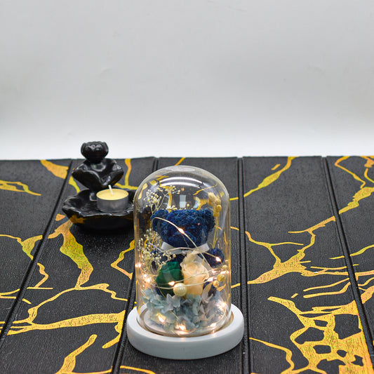 Aranjament floral in cupola de sticla, lumina Led, D4045, Albastru