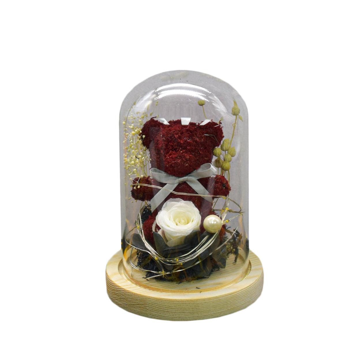 Aranjament floral in cupola de sticla, lumina Led, D4045, Rosu