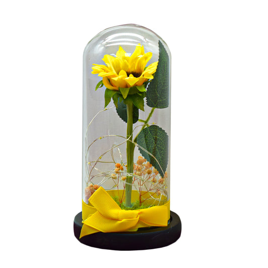 Aranjament floral in cupola de sticla, lumina Led, D4047, Galben