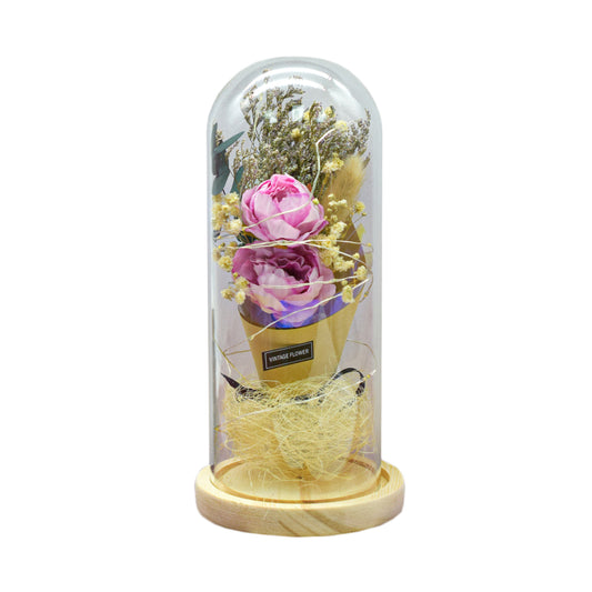 Aranjament floral in cupola de sticla, lumina Led, D4049, Roz