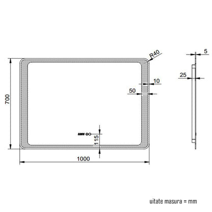 Oglinda baie, sistem iluminare LED, IP44, 100x70cm, D4218, Dezaburire, Touch, Ceas