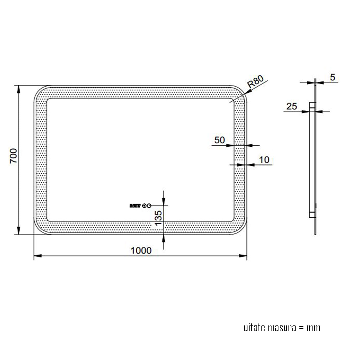 Oglinda baie, sistem iluminare LED, IP44, 100x70cm, D4230, Dezaburire, Touch, Ceas