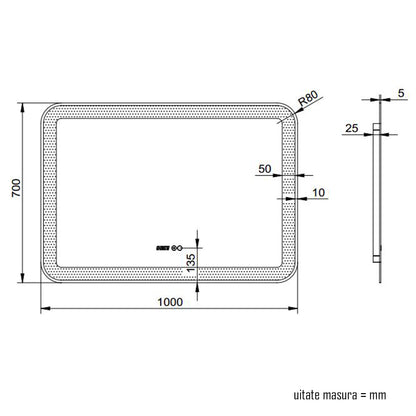 Oglinda baie, sistem iluminare LED, IP44, 100x70cm, D4230, Dezaburire, Touch, Ceas