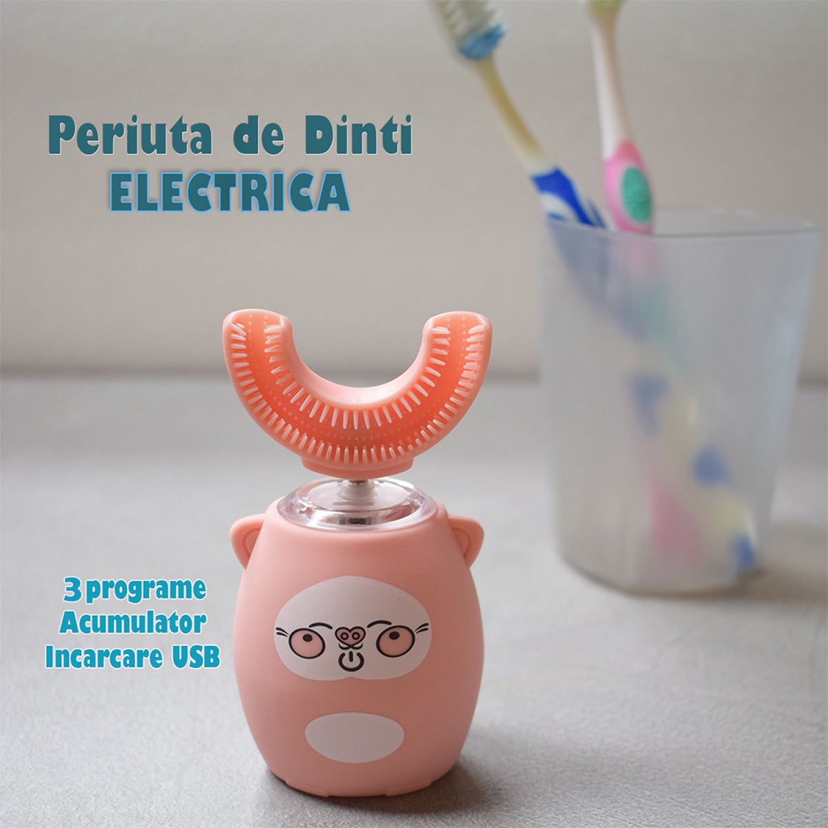 Periuta de dinti electrica U-shape, 3 programe, pentru Copii 2-7 ani, Naimeed D4369, acumulator, incarcare USB, Roz