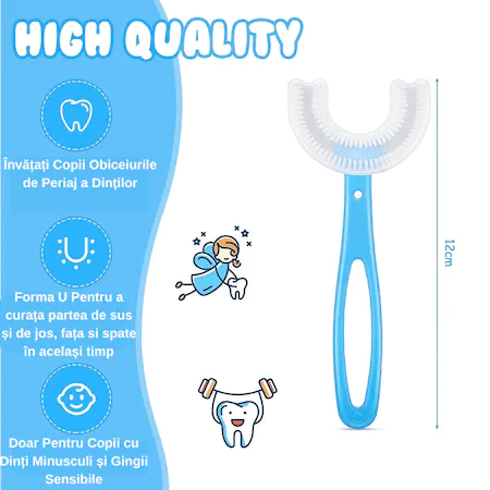 Set 10 periute de dinti Naimeed D4376-Blue, in forma de U pentru copii, Naimeed D4376, design pentru curatarea dintilor la 360°, Albastru